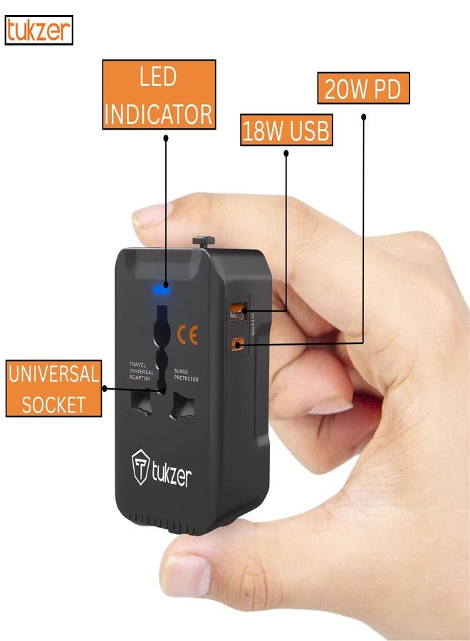 توكزر محول سفر عالمي من توكزر مزود بمنفذ إخراج USB-A بقوة 18 واط ومنفذ USB-C PD بقوة 20 واط، ومقبس عالمي، محول شحن سريع دولي متكامل لشحن أجهزة الكمبيوتر المحمولة/ماك بوك والهواتف المحمولة - أسود - Image 2